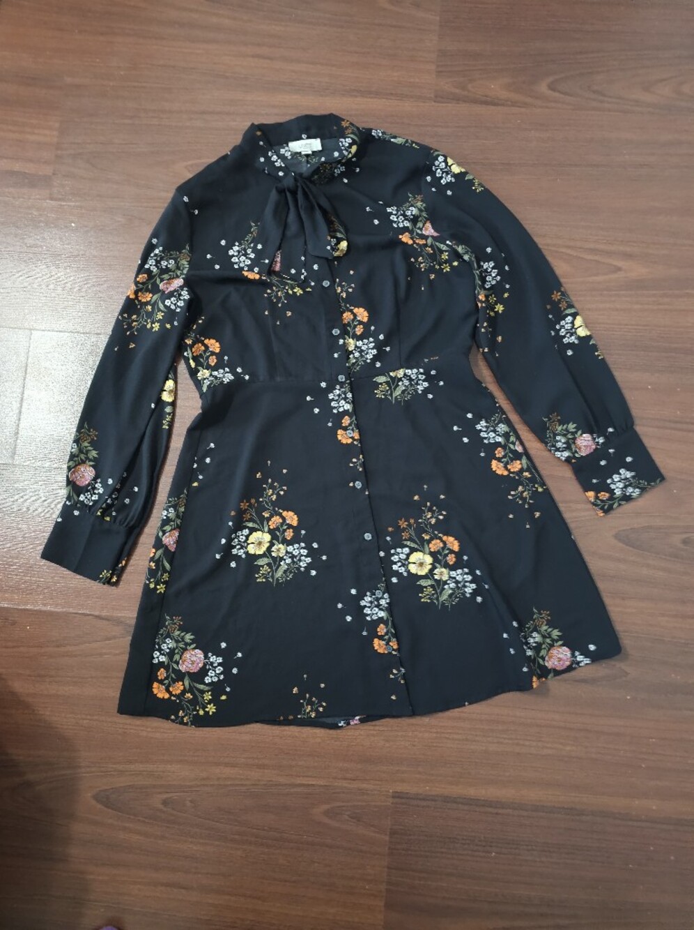 LOFT Black Floral Tie-Neck Long Sleeve Dress